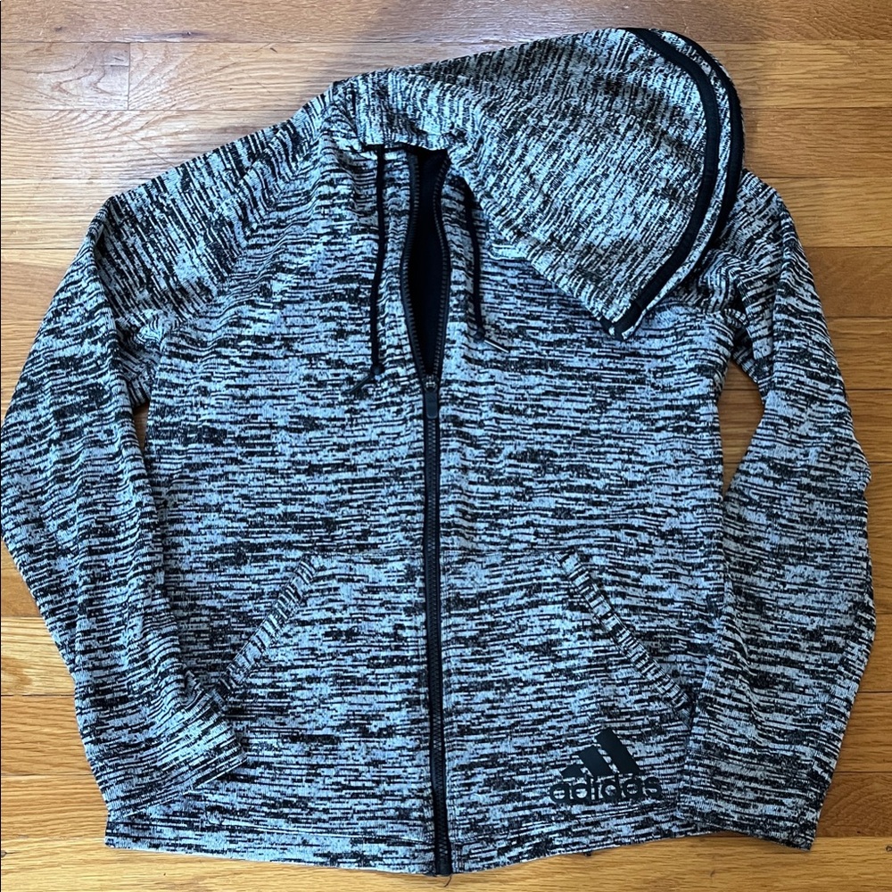 Adidas Men's Black and Gray Patterned Zip-Up Sweater
